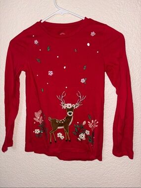 Girls' Red Deer Appliqué Long Sleeve Top